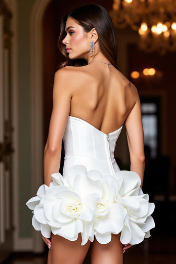 White Floral Strapless Short Tight Satin Homecoming Dress