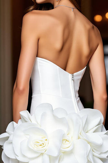 White Floral Strapless Short Tight Satin Homecoming Dress