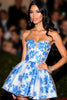 Load image into Gallery viewer, White and Blue Floral A Line Sweetheart Short Satin Homecoming Dress