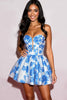 Load image into Gallery viewer, White and Blue Floral A Line Sweetheart Short Satin Homecoming Dress