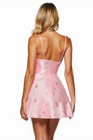 Load image into Gallery viewer, Pink Floral Short Spaghetti Straps Satin Homecoming Dress
