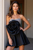 Load image into Gallery viewer, Sparkly Black Sweetheart Short Satin Homecoming Dress with 3D Flower