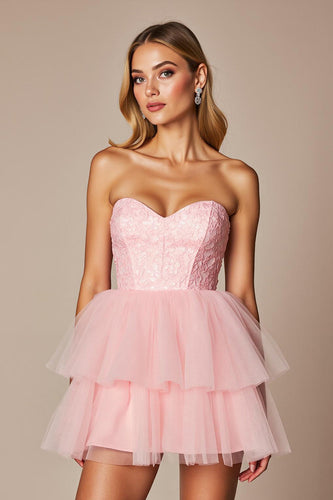 Pink Sweetheart A Line Short Tulle Homecoming Dress with Ruffles