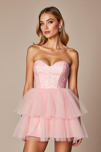 Pink Sweetheart A Line Short Tulle Homecoming Dress with Ruffles