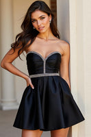 Load image into Gallery viewer, Sparkly Black Short A Line Satin Homecoming Dress with Beading