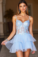 Load image into Gallery viewer, Blue Spaghetti Straps Short A Line Homecoming Dress with Lace