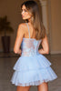 Load image into Gallery viewer, Blue Spaghetti Straps Short A Line Homecoming Dress with Lace