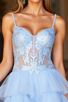 Load image into Gallery viewer, Blue Spaghetti Straps Short A Line Homecoming Dress with Lace