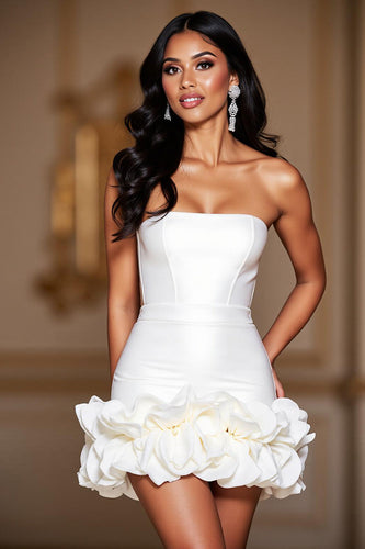 White Strapless Ruffles Short Satin Corset Homecoming Dress