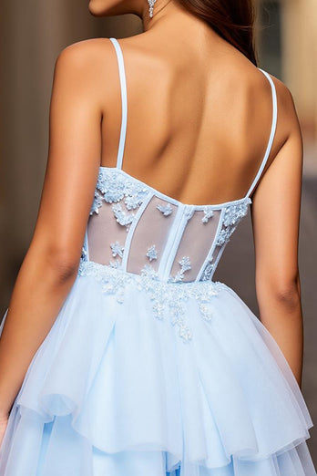Light Blue A Line Spaghetti Straps Short Corset Homecoming Dress
