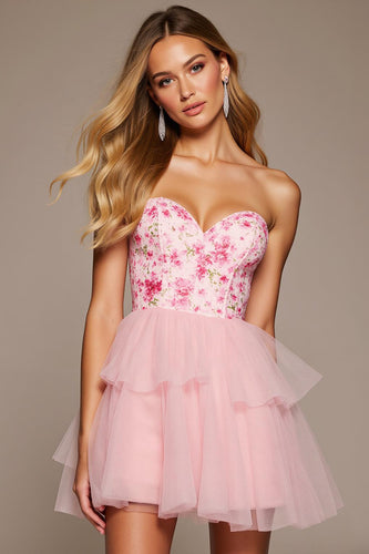 Pink Floral Sweetheart Short Tulle Homecoming Dress
