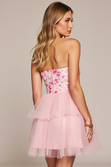 Pink Floral Sweetheart Short Tulle Homecoming Dress