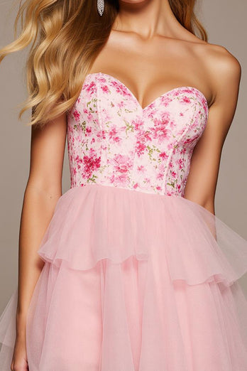 Pink Floral Sweetheart Short Tulle Homecoming Dress