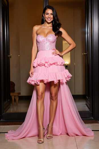 Sparkly Pink A Line Sweetheart Ruffled  High-Low Homecoming Dress