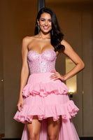 Load image into Gallery viewer, Sparkly Pink A Line Sweetheart Ruffled  High-Low Homecoming Dress