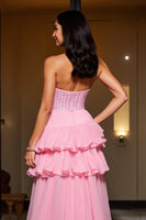 Load image into Gallery viewer, Sparkly Pink A Line Sweetheart Ruffled  High-Low Homecoming Dress