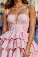 Load image into Gallery viewer, Pink Floral A Line Tiered Short Homecoming Dress