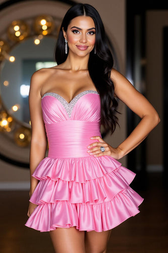 Hot Pink Satin Tiered Short Homecoming Dress with Beading