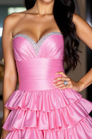 Load image into Gallery viewer, Hot Pink Satin Tiered Short Homecoming Dress with Beading