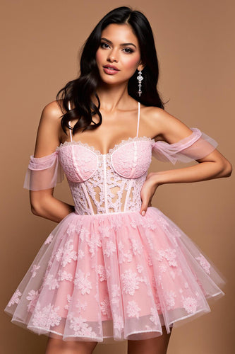 Lace Pink Tulle A Line Short Corset Homecoming Dress