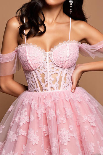 Lace Pink Tulle A Line Short Corset Homecoming Dress