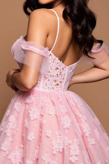 Lace Pink Tulle A Line Short Corset Homecoming Dress