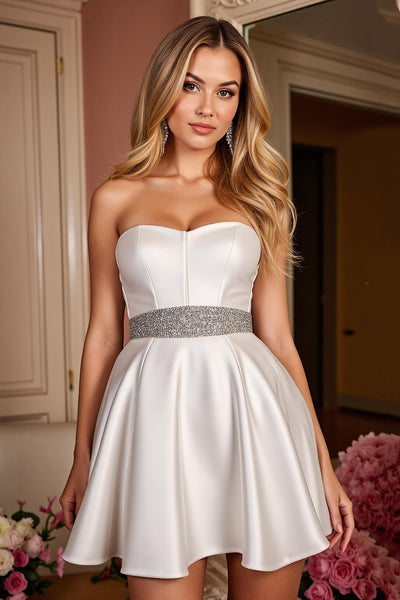 White A Line Satin Strapless Short Homecoming Dress with Beading