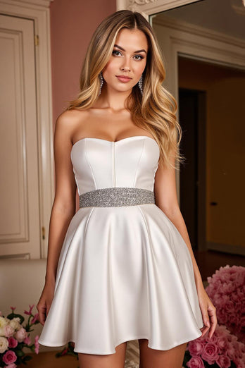 White A Line Satin Strapless Short Homecoming Dress with Beading