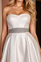 Load image into Gallery viewer, White A Line Satin Strapless Short Homecoming Dress with Beading