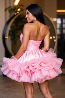 Hot Pink A Line Strapless Tiered Short Homecoming Dress