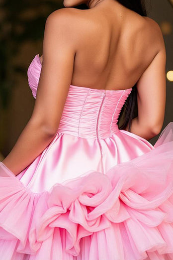 Hot Pink A Line Strapless Tiered Short Homecoming Dress