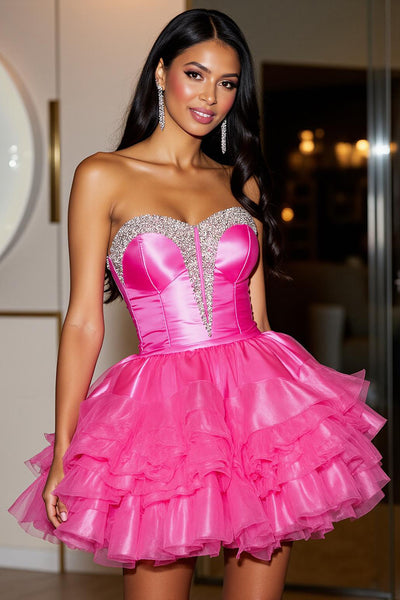 Sparkly Fuchsia Organza Short Corset Homecoming Dress with Ruffles