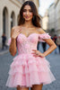Load image into Gallery viewer, Pink Tulle A Line Short Corset Homecoming Dress with Appliques