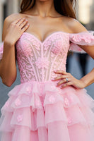 Load image into Gallery viewer, Pink Tulle A Line Short Corset Homecoming Dress with Appliques