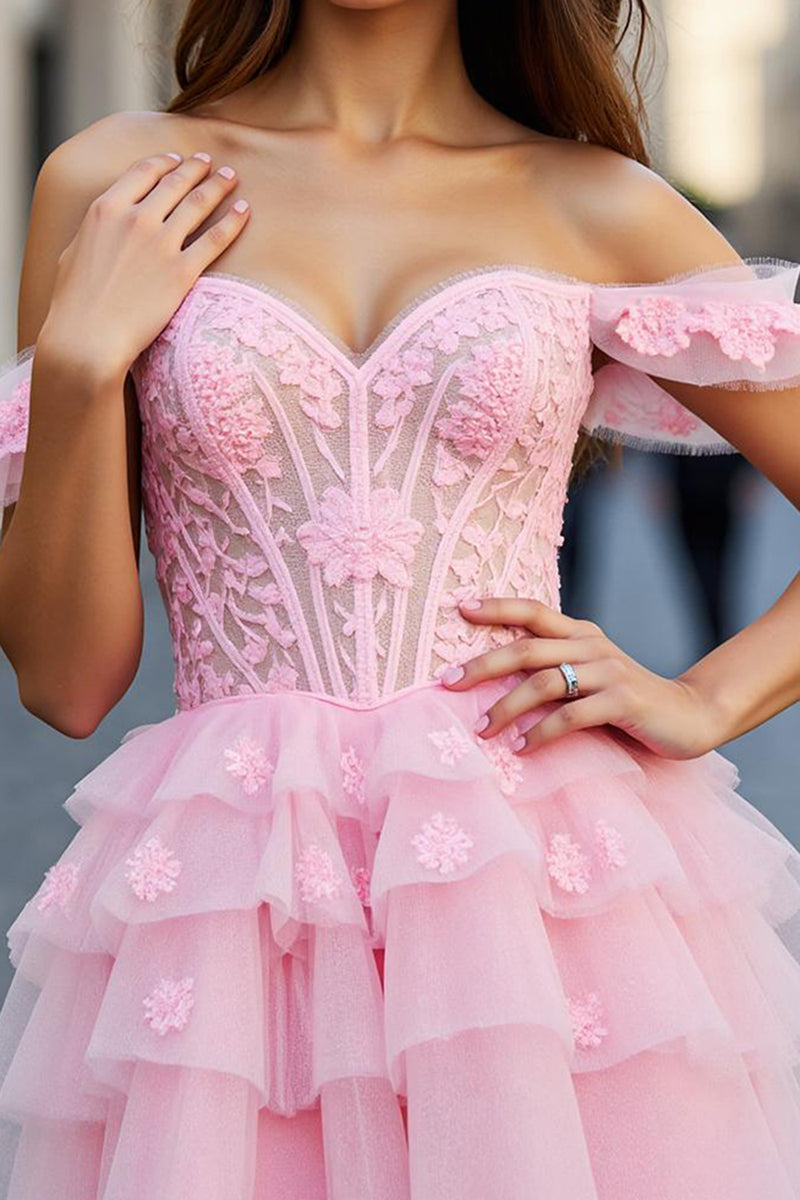 Load image into Gallery viewer, Pink Tulle A Line Short Corset Homecoming Dress with Appliques