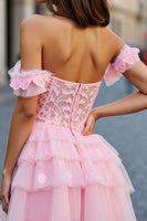 Load image into Gallery viewer, Pink Tulle A Line Short Corset Homecoming Dress with Appliques