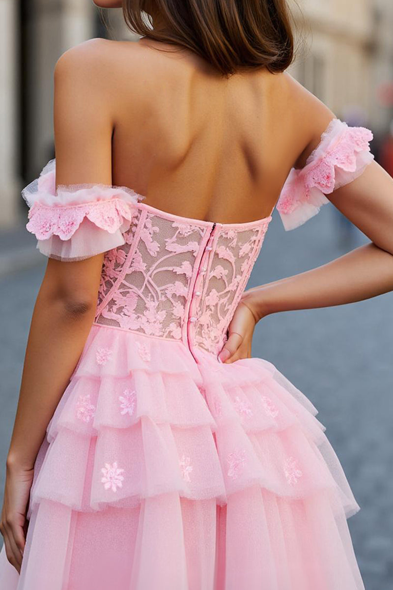 Load image into Gallery viewer, Pink Tulle A Line Short Corset Homecoming Dress with Appliques