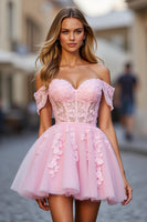 Load image into Gallery viewer, Floral Pink Tulle Off the Shoulder Short Corset Homecoming Dress