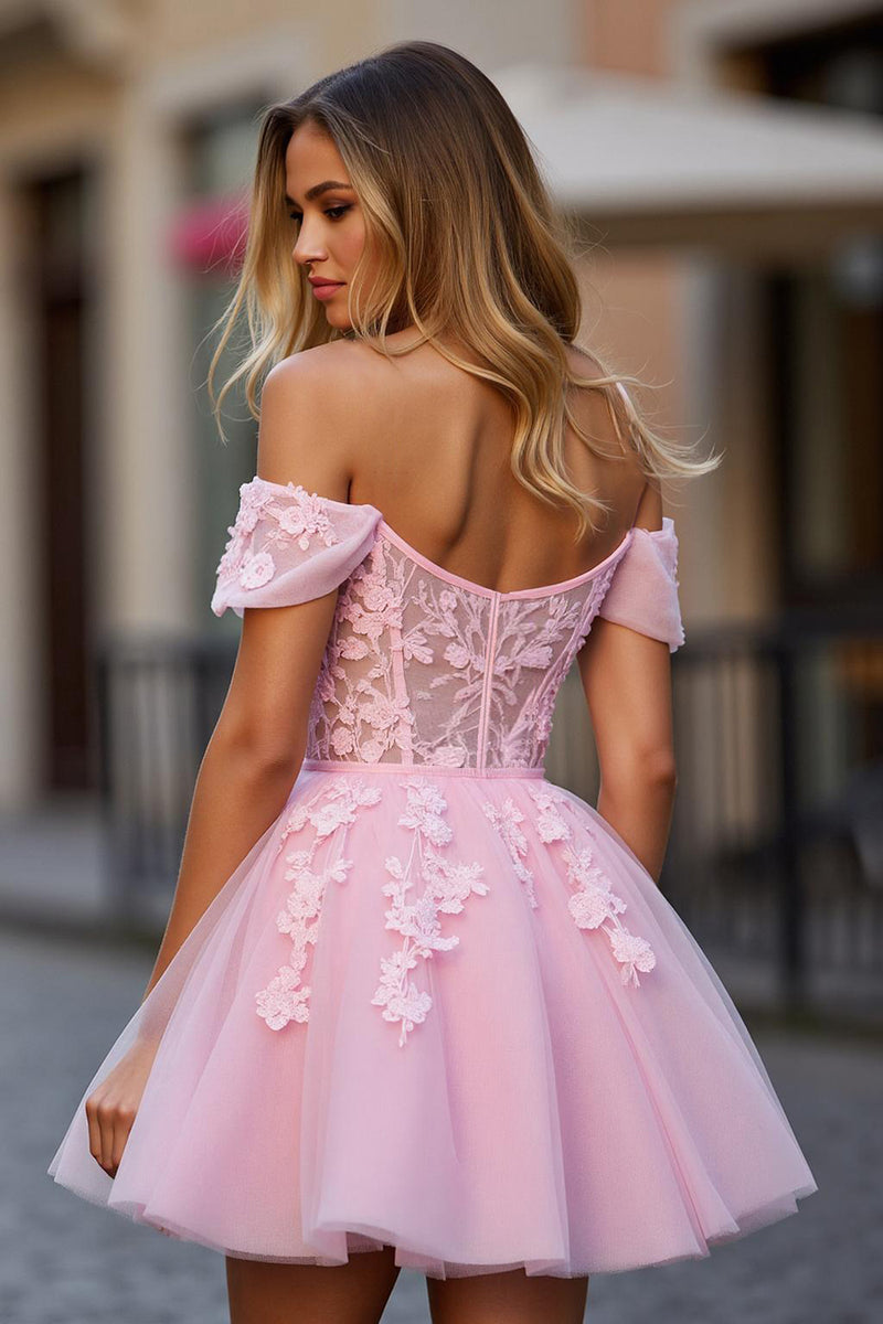 Load image into Gallery viewer, Floral Pink Tulle Off the Shoulder Short Corset Homecoming Dress