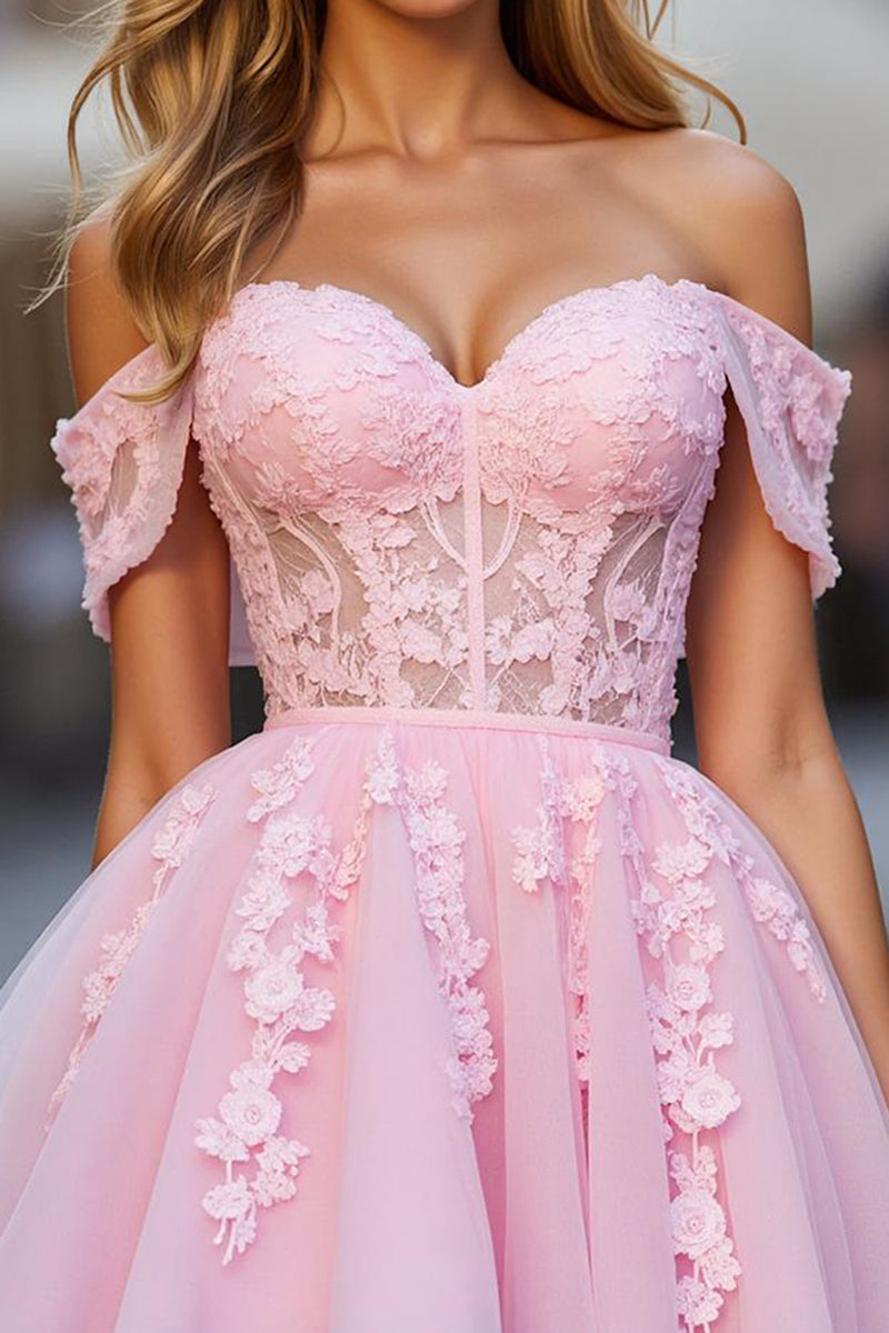 Load image into Gallery viewer, Floral Pink Tulle Off the Shoulder Short Corset Homecoming Dress