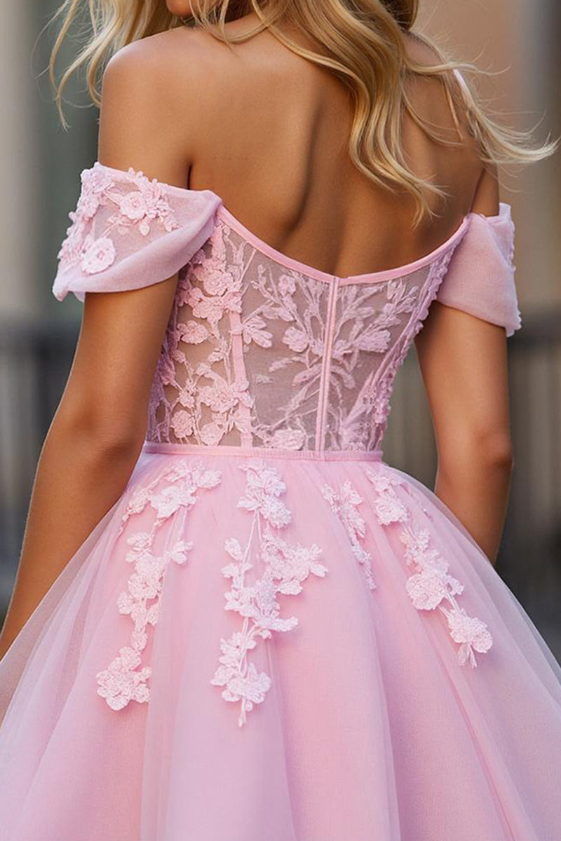Load image into Gallery viewer, Floral Pink Tulle Off the Shoulder Short Corset Homecoming Dress