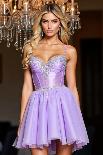 Sparkly Short Purple A Line Corset Homecoming Dress with Beading