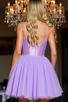 Sparkly Short Purple A Line Corset Homecoming Dress with Beading