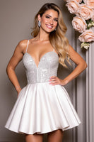 Load image into Gallery viewer, Sparkly White Short A Line Satin Homecoming Dress with Beading