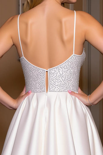 Sparkly White Short A Line Satin Homecoming Dress with Beading