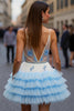 Load image into Gallery viewer, White Blue Flower Short  Ruffles Homecoming Dress