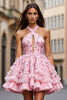 Load image into Gallery viewer, A Line Pink Floral Short Keyhole Homecoming Dress with Ruffles