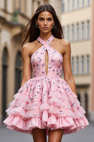 Load image into Gallery viewer, A Line Pink Floral Short Keyhole Homecoming Dress with Ruffles