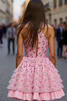 Load image into Gallery viewer, A Line Pink Floral Short Keyhole Homecoming Dress with Ruffles