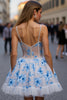 Load image into Gallery viewer, White Blue Floral Spaghetti Straps A Line Short Homecoming Dress with Ruffles
